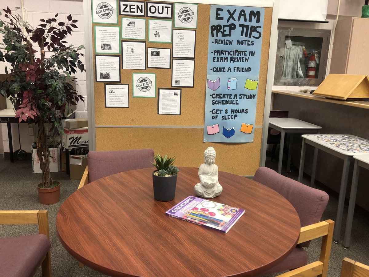 ESSlibrary1's tweet photo. Hey Ravens, feeling stressed about finals? Come relax in the new Zen Out area of the library. You can colour, play LEGO, do a puzzle or rake some sand. Let’s Zen Out together. @eastside_ravens https://t.co/ADfETV1jMo