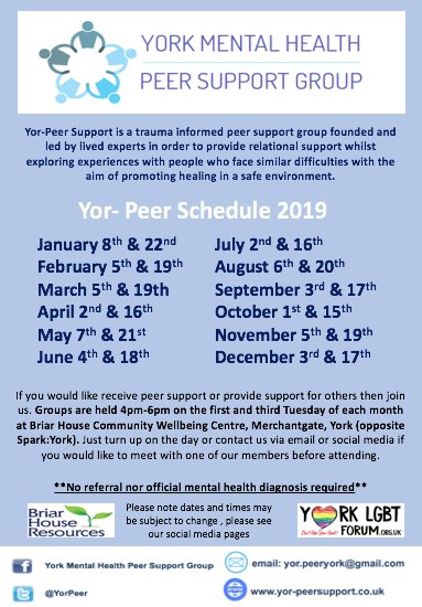 YorPeer's tweet photo. If you're in #York or surrounding areas & would benefit from #MentalHealth #PeerSupport our group schedule for 2019 is here 👇👇👇
please join us @BriarHouse Merchantgate #York
**No Referral Necessary** just turn up on the day
#TraumaInformedPeerSupport #TIPSuk https://t.co/blSrI4mYA1