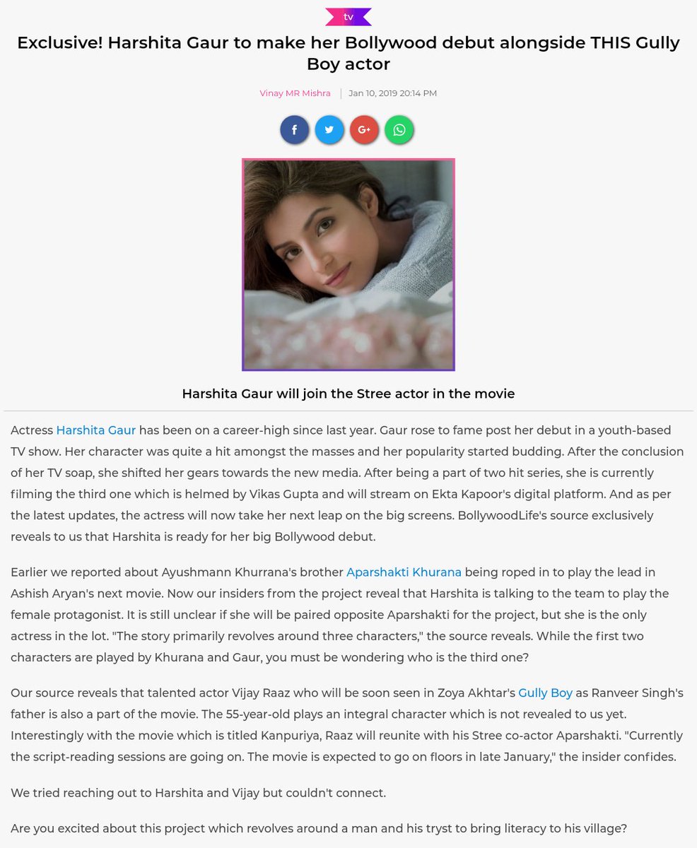 NEW ARTICLE 

Harshita might be a part of a movie project opposite Ayushmaan Khurana's brother Aparshakti Khurana. It's not confirmed yet, we're waiting for the confirmation we'll keep you updated. 

#HarshitaGaur 

Link :- bollywoodlife.com/tv/exclusive-h…