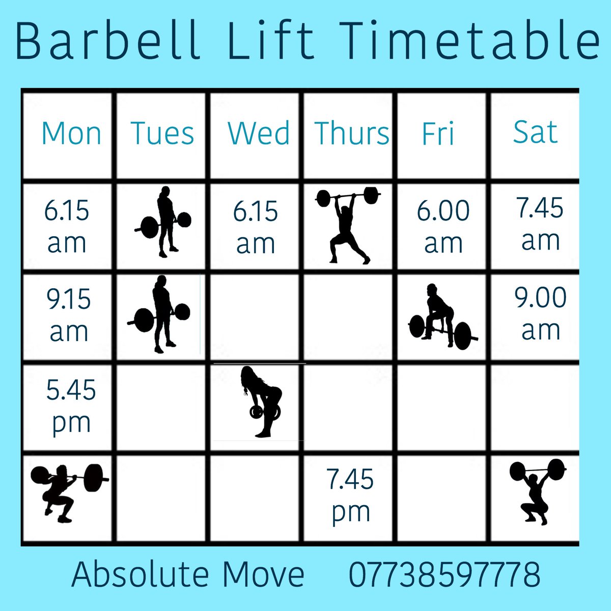 Absolute__Move's tweet image. Barbell Lift 2019 timetable. Please message/phone to book a place. 45 minute sessions. Members £8 per session, non-members £10 per session. Suitable for absolute beginners.
