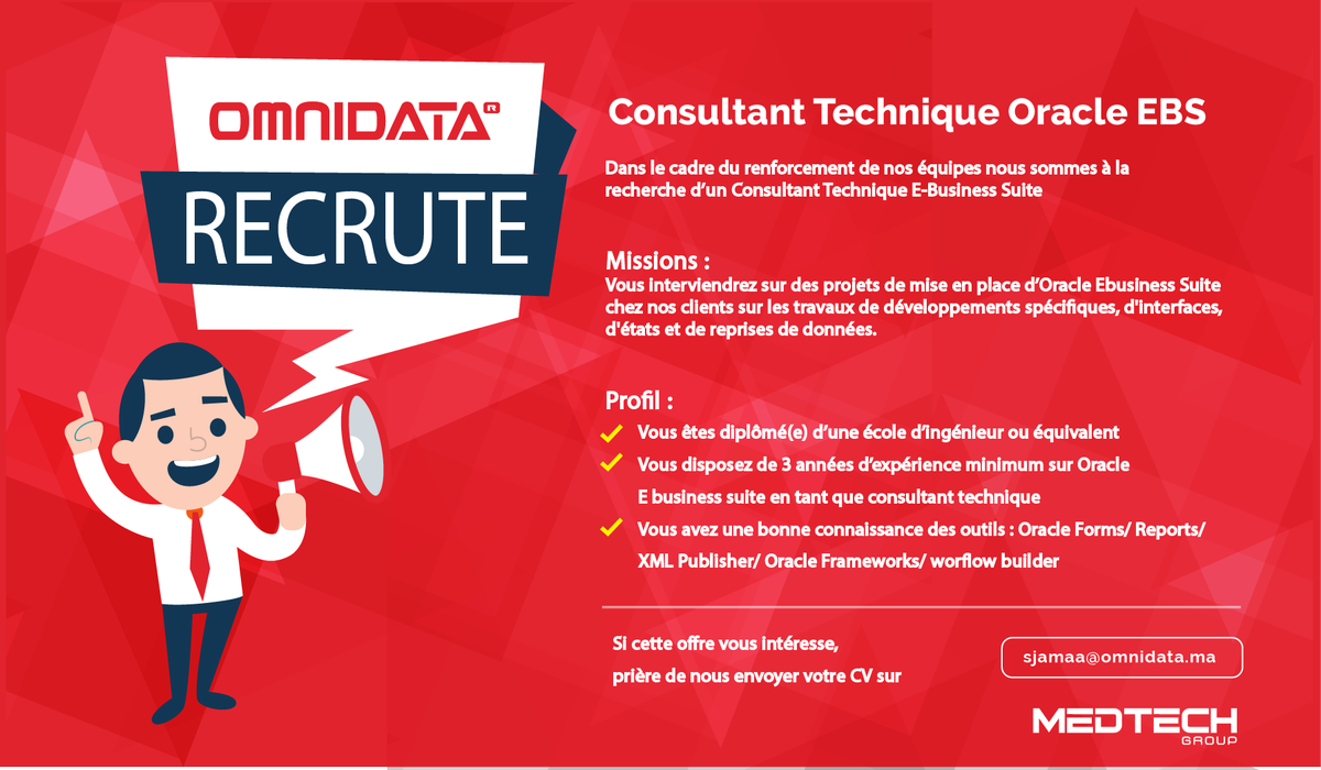 medtechmaroc's tweet photo. @Omnidata recrute !

Dans le cadre du renforcement de nos équipes nous sommes à la recherche d’un Consultant Technique E-Business Suite

Pour en savoir plus, rendez-vous sur LinkedIn : 
https://t.co/JaoYzzDoXG

#Medtech #Medtechgroup #Medtechrecrute https://t.co/1rDkVPmTBh