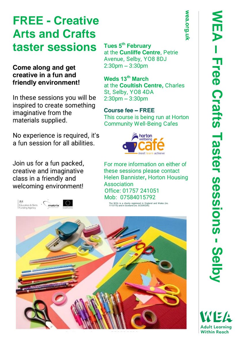 Do you enjoy being crafty but don't know where to start? Maybe you'd like some help to bring out your #artistic talents?

Either way, you can't go wrong with these #free taster sessions coming up in Selby in conjunction with
@HortonSelby @HortonHousing #ArtisticThursday #Selby