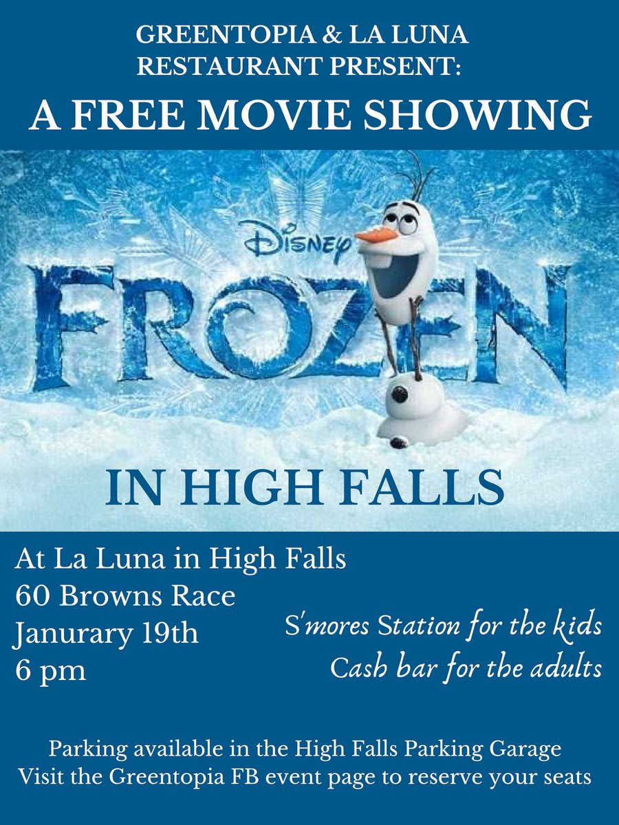 Bring the kids to watch a free showing of Frozen in High Falls with our partners La Luna Restaurant! #winteractivities #familyfun #ROC