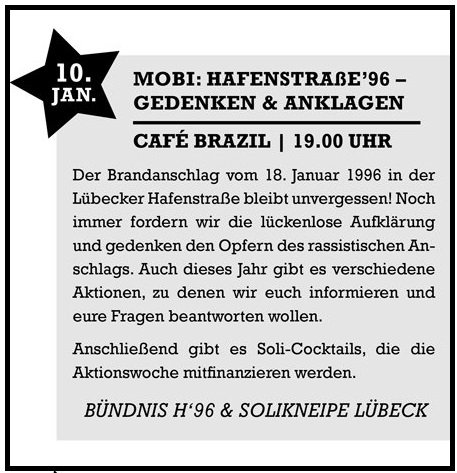 Heute im Cafe Brazil! Auch der <a href="/InfoladenHL/">Infoladen Blackbook</a> öffnet für euch seine Türen - dort bekommt ihr Flyer und Plakate von #Hafenstraße96 #GedenkenUndAnklagen und vieles mehr! #KeinVergebenKeinVergessen #Lübeck #RassismusTötet