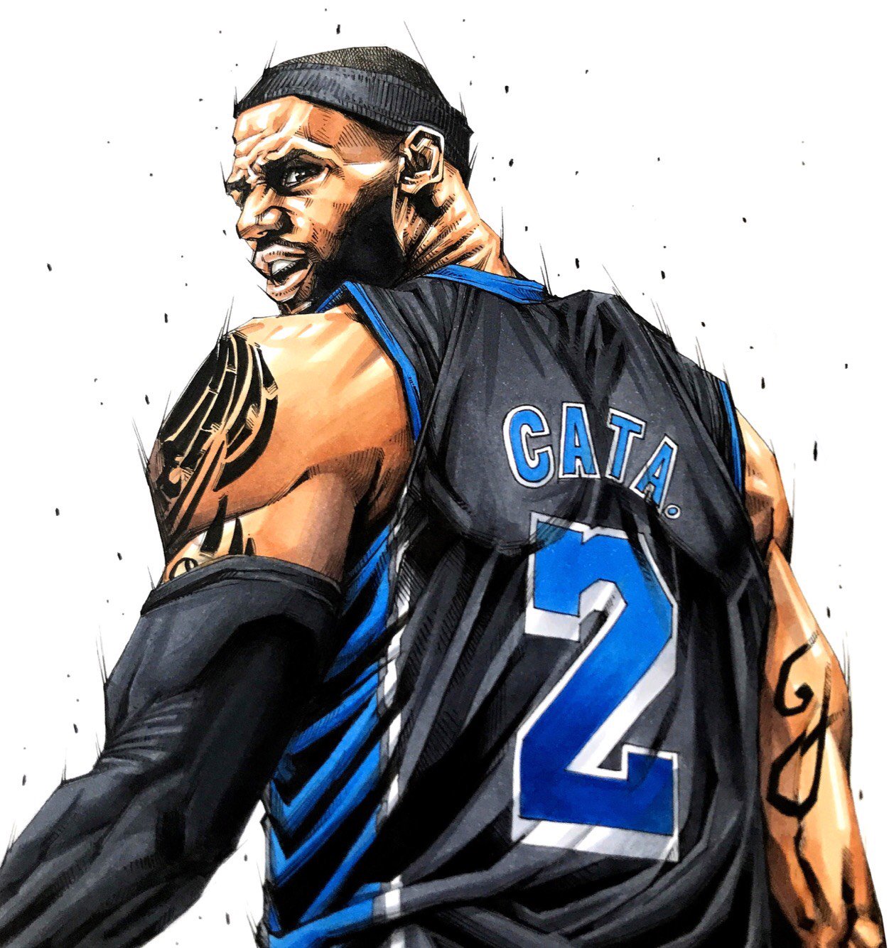 Cata この度nbaイラスト で有名なプロイラストレーターの田村大さんに私のアイコン画像をデザインして頂きました レブロンベースで振り向きポーズ 私の名と好きな番号 好きな色の黒青ジャージで仕上げて頂きました 私の大まかなリクエストから一発で最高