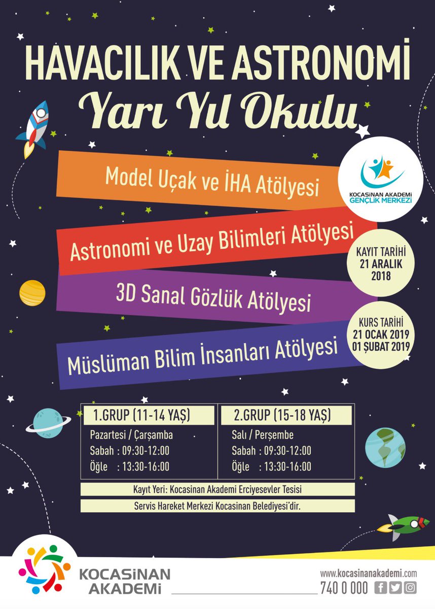 Kocasinan Akademi (@kocasinanakadem) on Twitter photo Yarı yıl kurs kayıtlarımızda sona yaklaştık;güneş sistemi,yıldız oluşumu,uzay teknolojileri,roketler,model roket yapımı ve uçuşu için bekliyoruz ✋🏻 <a href="/ahmetclkbyrkdr/">Ahmet ÇOLAKBAYRAKDAR</a> <a href="/KocasinanBld/">Kocasinan Belediyesi</a> Yarı yıl kurs kayıtlarımızda sona yaklaştık;güneş sistemi,yıldız oluşumu,uzay teknolojileri,roketler,model roket yapımı ve uçuşu için bekliyoruz ✋🏻 <a href="/ahmetclkbyrkdr/">Ahmet ÇOLAKBAYRAKDAR</a> <a href="/KocasinanBld/">Kocasinan Belediyesi</a>