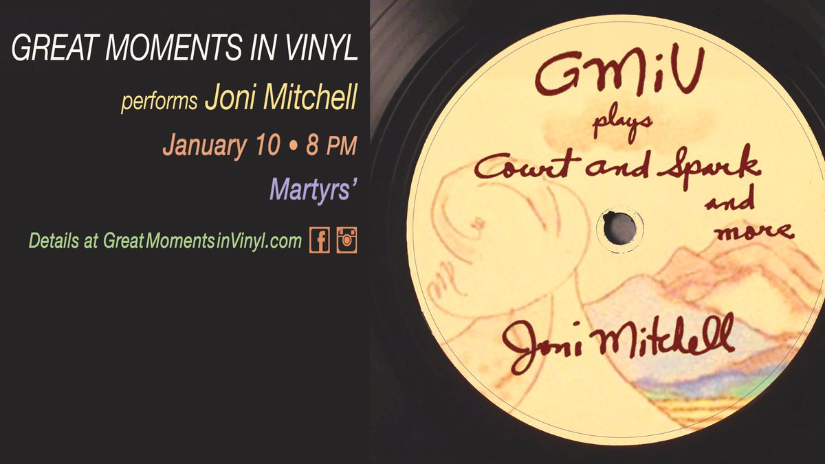 martyrslive's tweet photo. TONIGHT! #GreatMomentsInVinyl performs #JoniMitchell's #CourtandSpark in full, plus more of her music, and stories behind it. #KaraCavanaugh sings, show starting at 8pm! #jonimitchelltribute #jazzpoetry #chicago #tributeconcert #tributetojonimitchell #livemusic #MartyrsChicago https://t.co/Hmk6arJENX