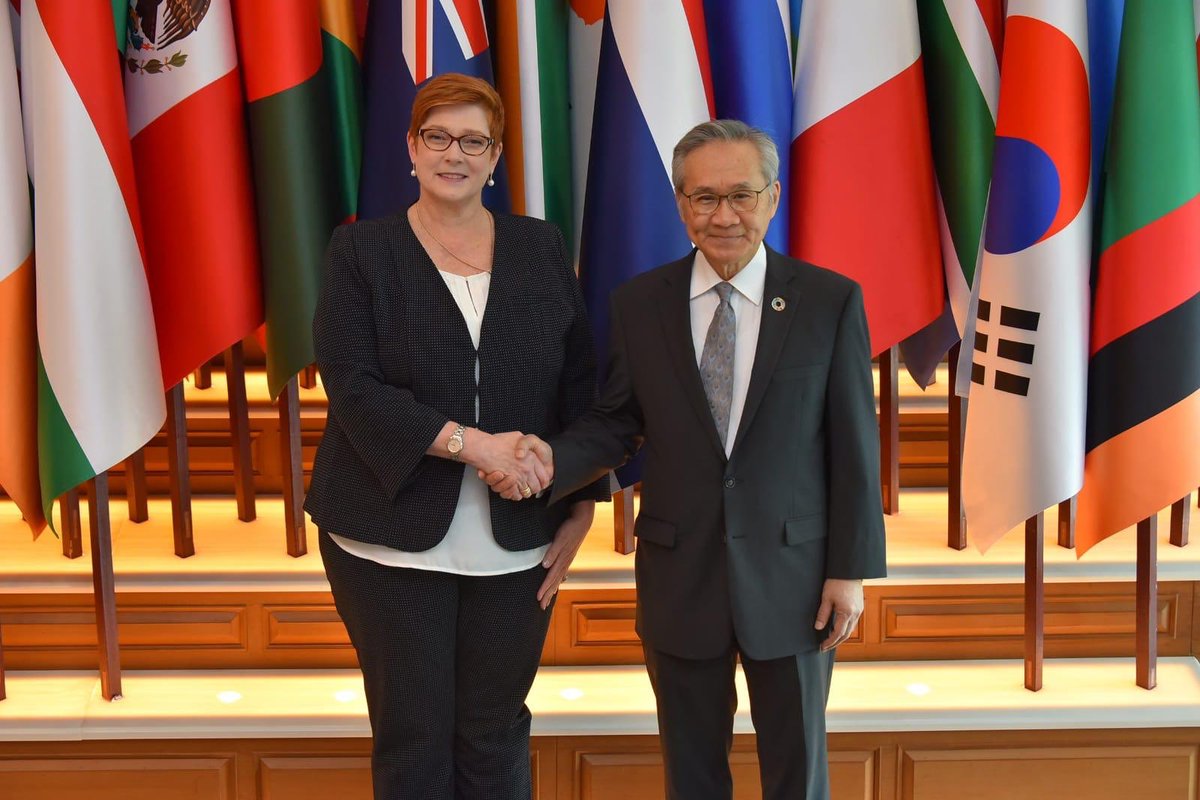 MarisePayne's tweet photo. Constructive discussions today with Thailand’s FM Don Pramudwinai on a range of bilateral and regional issues. With both Minister Don &amp; DPM Prajin I raised concerns about ongoing detention of Mr Alaraibi and reiterated our call for him to be returned to Australia. https://t.co/qgeHB3ezKd