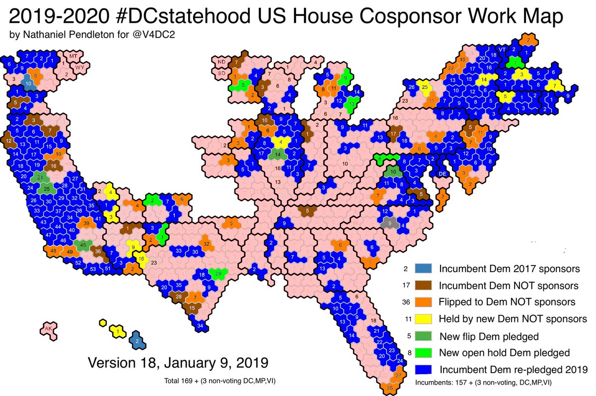 NPPendleton's tweet photo. Updated #DCstatehood vote counting work map, Version 18, January 9, 2019 cosponsors. Adds 4 cosponsors.
1 an incumbent pro both 2017&2019 @StaceyPlaskett #VI00.
2 new Dem faces in holds, @RepChrisPappas #NH01 & @RepJoeNeguse #CO02.
1 new Dem face in flip, @RepKatiePorter #CA45. https://t.co/8GlS5GguGt