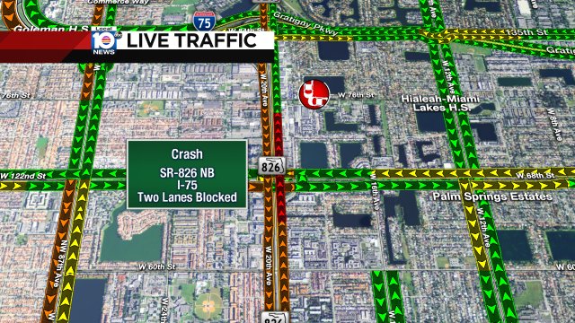 CRASH: SR-826 NB on your approach to I-75. Two lanes are blocked and delays are building. #TRAFFIC #MIAMI https://t.co/MmNe77gCCf