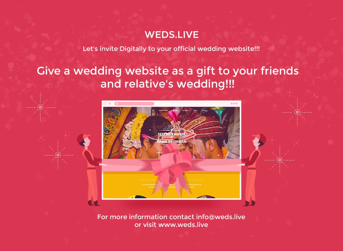 WedsLive's tweet image. Are you thinking, What to gift a friends &amp;amp; relatives wedding?
Let try this! A wedding website as a gift!!! Weds.live offering stunning wedding website with your name printed Domain URL( your name.weds.live ) at just 500 INR. #wedding #Website #giftideas