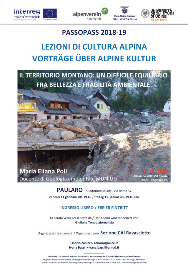 caifvg's tweet photo. #PassoPass Ripartono le lezioni di cultura alpina del progetto transfrontaliero: con Maria Eliana Poli, docente @uniud, parleremo di #geologia 👉 domani 11 gennaio, ore 19.45, Auditorium Istituto comprensivo Linussio #Paularo #fvg

#cairavascletto #caifvg #ÖAV #Uniud #Interreg https://t.co/XS80DrGwUl