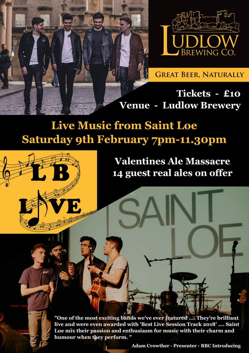 We have the FANTASTIC <a href="/SaintLoeBand/">Saint Loe</a> performing for our Valentine's Beer Festival weekend music night. Whether you enjoy #livemusic, #beer or both... Ludlow Brewery is the place to be!