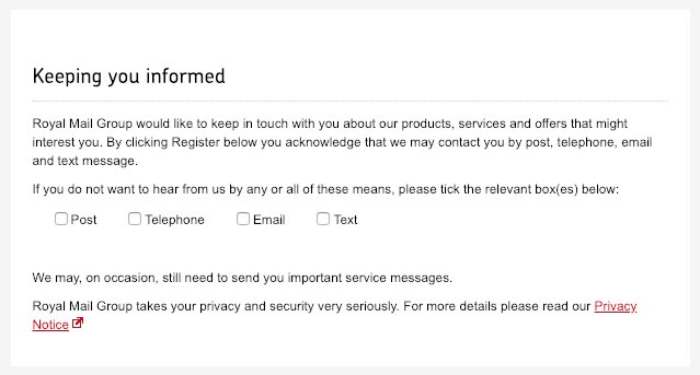 kariyoshime's tweet photo. Hi @RoyalMail I thought for #GDPR and @ICOnews you had to ensure people 'opt in' for marketing not confuse people by asking them to 'opt out' when registering for an account. You need to sort this out please, thanks. https://t.co/yKPoU4ekZy