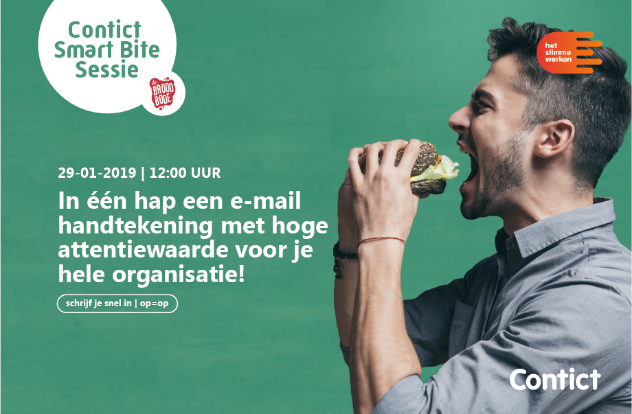 Schrijf je nu in voor de volgende Smart Bite Sessie! Tijdens deze middag geven wij uitleg over het belang van een goede e-mailhandtekening en demonstreren wij hoe je zelf direct aan de slag kunt. Klik op onderstaande link en schrijf je snel in!