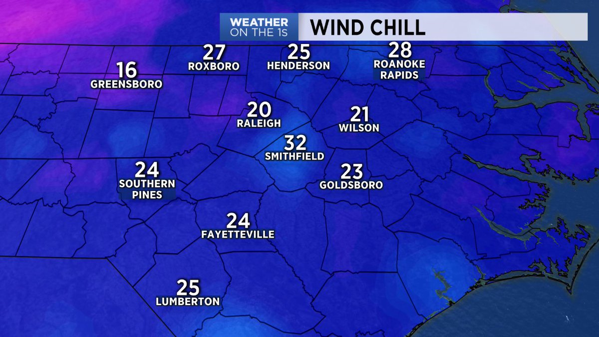 RT <a href="/LeeRingerWx/">Lee Ringer</a>: Brrr! Here's a look at wind chills, or "feels like" temperatures around central NC in the 8am hour.  #ncwx #WeatherOnThe1s <a href="/SpecNewsRDU/">specnewsrdu</a>