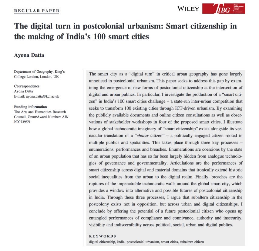 SmartSmallCity's tweet photo. 📖 Read #SmartSmallCityProject UK PI @AyonaDatta's 'The #Digital Turn in #Postcolonial #Urbanism: Smart #citizenship in the making of #India's 100 #smartcities' via @WileyGeography @RGS_IBGhe ➡️https://t.co/PBIUWTshrg

#SmartCity #Tech #ICT #Data #BigData #UrbanFutures #Urban https://t.co/sZ8YIlVbeH