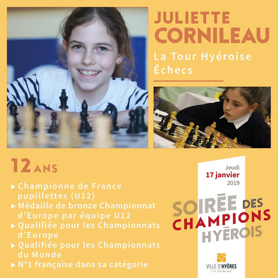 ffechecs's tweet photo. Juliette Cornileau pourrait devenir, avec votre soutien, la sportive de l'année de la ville d'#Hyères ! Soutenez la championne de France U12 d'#échecs et médaillée de bronze lors du championnat d'Europe par équipes en likant sa photo sur https://t.co/UlfrGrQfzF
Merci de RT ! 👍 https://t.co/Jr87y7piLm