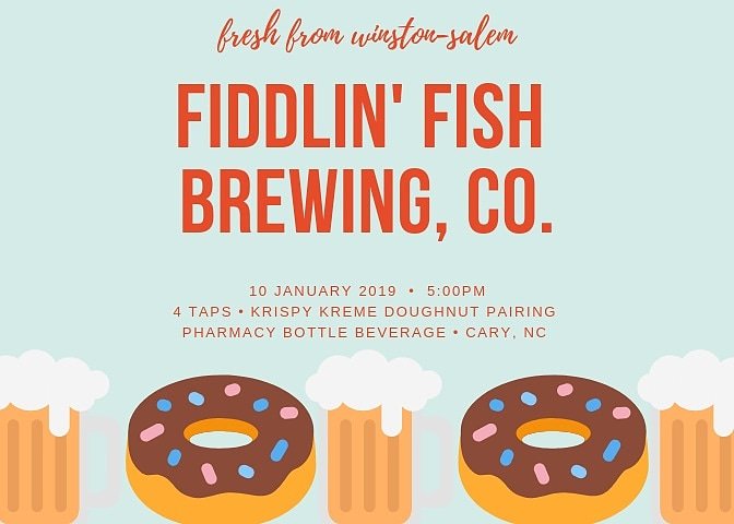 kgcrafted's tweet photo. Today's the day! Head to @PharmBottleBev to party down w/ @FiddlinFishBrew as they officially launch distribution in the Wake Co market! Enjoy their beer + a KK doughnut pairing and welcome a great brewery to the triangle area!! #ncbeer #independentcraftbeer @Ncbeerguys @919Beer https://t.co/GbwJNZgCqm