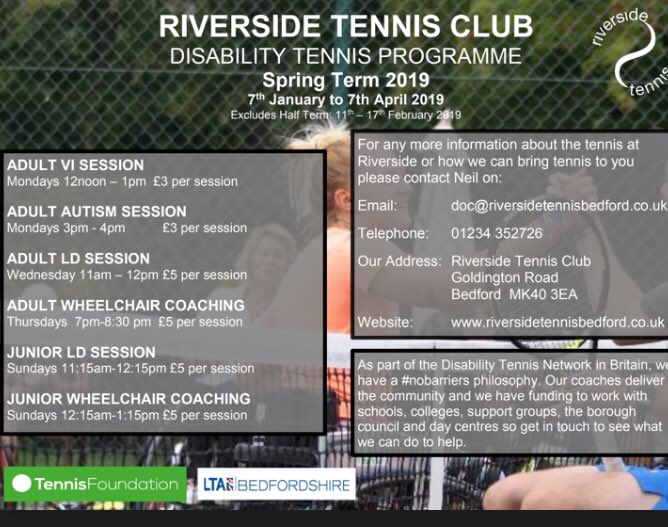 nobarriers13's tweet photo. Our new Spring #Disability Tennis Programme is up and running . Contact Neil on coaching@riversidetennisbedford.co.uk for more info #VI #LD #wheelchairtennis #Autism #opencourt @SightConBeds @DSActive @GSPDisability @AutismBeds @Disabilitysport @rotary_deparys @BritishTennis https://t.co/civAk2TAdd