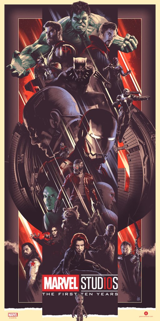 Marvel's tweet photo. Commemorate the first 10 years of Marvel Studios with a pair of prints from @BottleneckNYC and artist @JohnGuydo! Assemble yours at https://t.co/bOKOoT6fbi now. https://t.co/Al3Wixh6yH