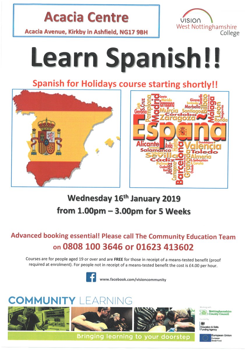 Hola! New Spanish for Holidays course in the #Annesley and #KirkbyinAshfield area at the Acacia Centre. Contact @VisionCommunity for more details on 01623 413602.