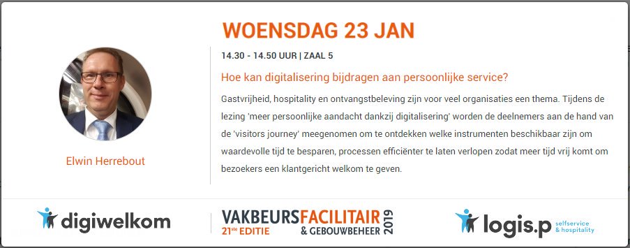 Benieuwd hoe digitalisering kan bijdragen aan meer persoonlijke service in het ontvangstproces? Bezoek 23 januari a.s. de @beursfacilitair in de <a href="/jaarbeurs/">Jaarbeurs</a> Om 14.30 uur spreekt Elwin Herrebout namens <a href="/LogisP/">LogisP</a> over dit onderwerp. tinyurl.com/ybaggq4e, digiwelkom.com