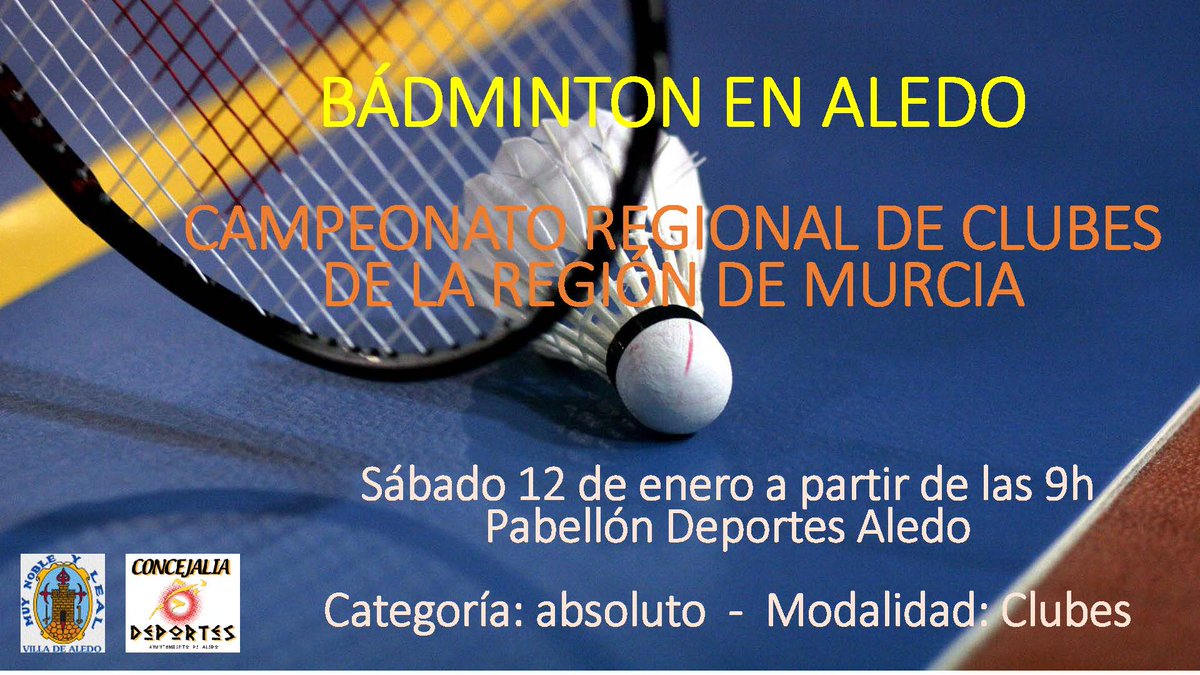 CAMPEONATO REGIONAL DE CLUBES DE BÁDMINTON DE LA REGIÓN DE MURCIA EN ALEDO.

El próximo sábado 12 de enero a partir de las 9h en el Pabellón de Deportes de Aledo.

#Deporte #Aledo #Bádminton