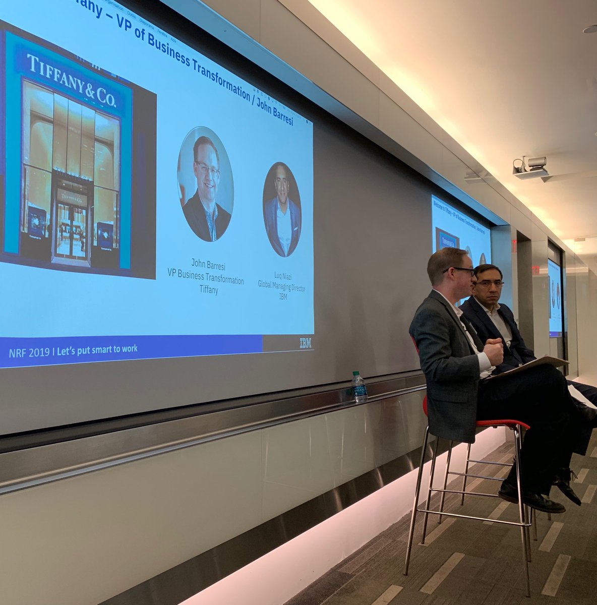AnalyticsClaire's tweet photo. Listening to John Barresi of ⁦@TiffanyAndCo⁩ talk about their Digital Transformation journey with IBM. So good to get a real client perspective and perception of ⁦@IBMindustries⁩ #NRF2019 #IBM #RetailGeek #AI #Blockchain - wonder if he gets staff discount? 💍 https://t.co/n5HqdV3thf