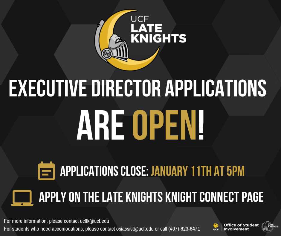 Have you applied to be the next <a href="/UCF_LK/">UCF Late Knights</a> Executive Director yet? Get involved and begin your impact this semester with this incredible opportunity! Applications can be found on Knight Connect under "Late Knights"

Link: bit.ly/2QCCur1