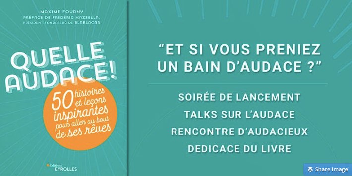 La soirée de lancement du livre "Quelle audace !" de <a href="/maximefourny/">Maxime Fourny 🚀</a> avec #MAEV et ses fondateurs dedans, aura lieu le jeudi 24 janvier 2019 à 19h, à l'Ecole Supérieure du Digital (18bis Avenue de la Motte-Picquet, 75007 Paris). #QuelleAudace #Entrepreneuriat #Startup