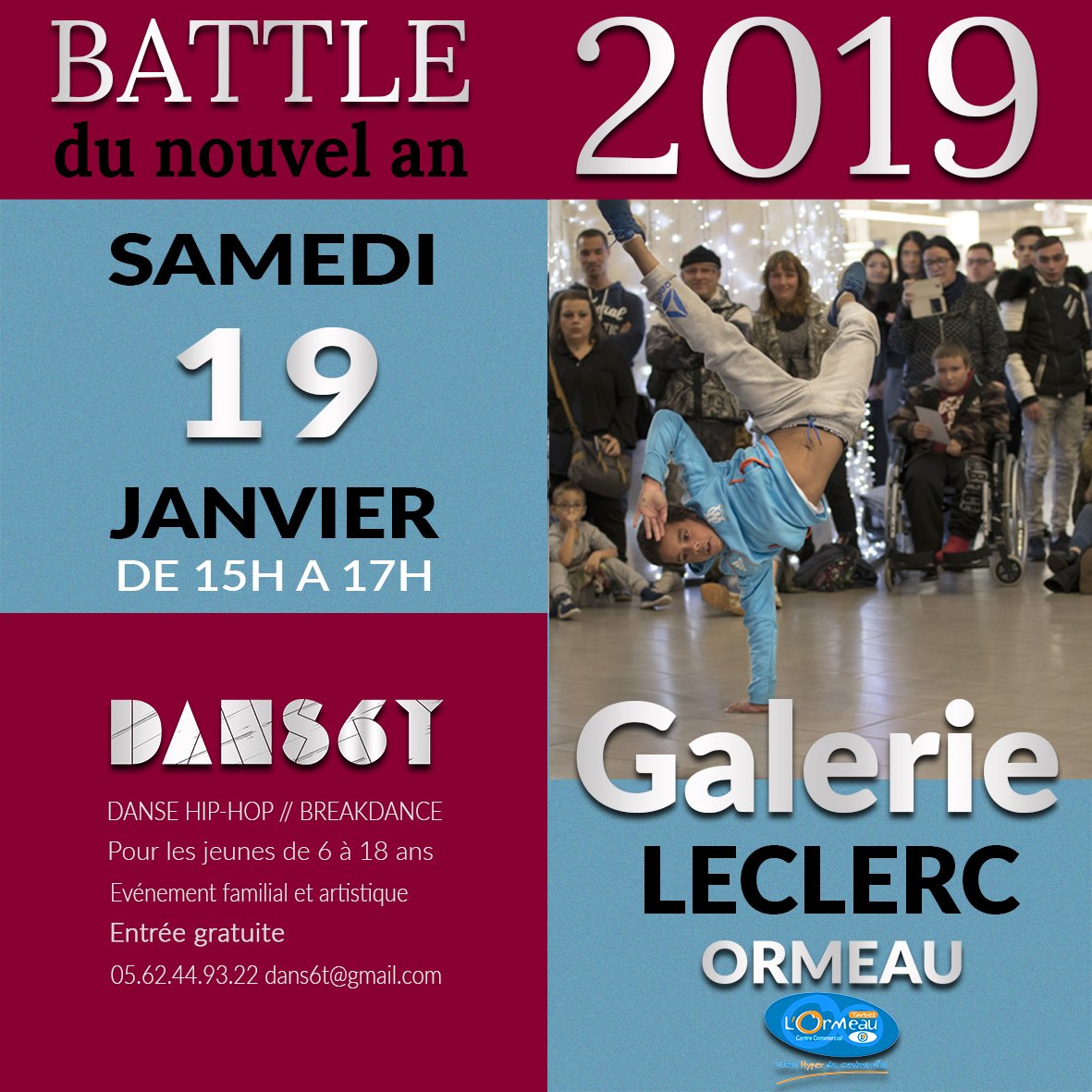 𝗦𝗮𝗺𝗲𝗱𝗶 𝟭𝟵 𝗱𝗲́𝗰𝗲𝗺𝗯𝗿𝗲 / 𝗕𝗔𝗧𝗧𝗟𝗘 𝗱𝘂 𝗻𝗼𝘂𝘃𝗲𝗹 𝗮𝗻
Battle de danse annuel pour petits et grands dans la galerie du 𝗟𝗘𝗖𝗟𝗘𝗥𝗖 𝗢𝗥𝗠𝗘𝗔𝗨 | Entrée GRATUITE | 𝟭𝟱𝗵-𝟭𝟳𝗵 | Inscription sur place (danseurs de 6-18 ans 🤸‍♀️🤸‍♂️).