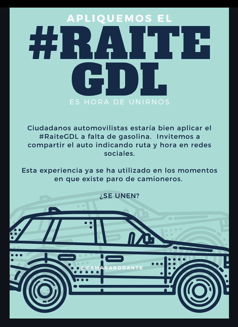 camararodante's tweet photo. ES HORA DE UNIRNOS, COMPARTE EL CARRO

Ciudadanos automovilistas estaría bien aplicar el #RaiteGDL a falta de gasolina.  Invitemos a compartir el auto indicando ruta y hora en redes sociales.

Esta experiencia ya se ha utilizado en los momentos en que existe paro de camioneros https://t.co/qBQGDDw1jy
