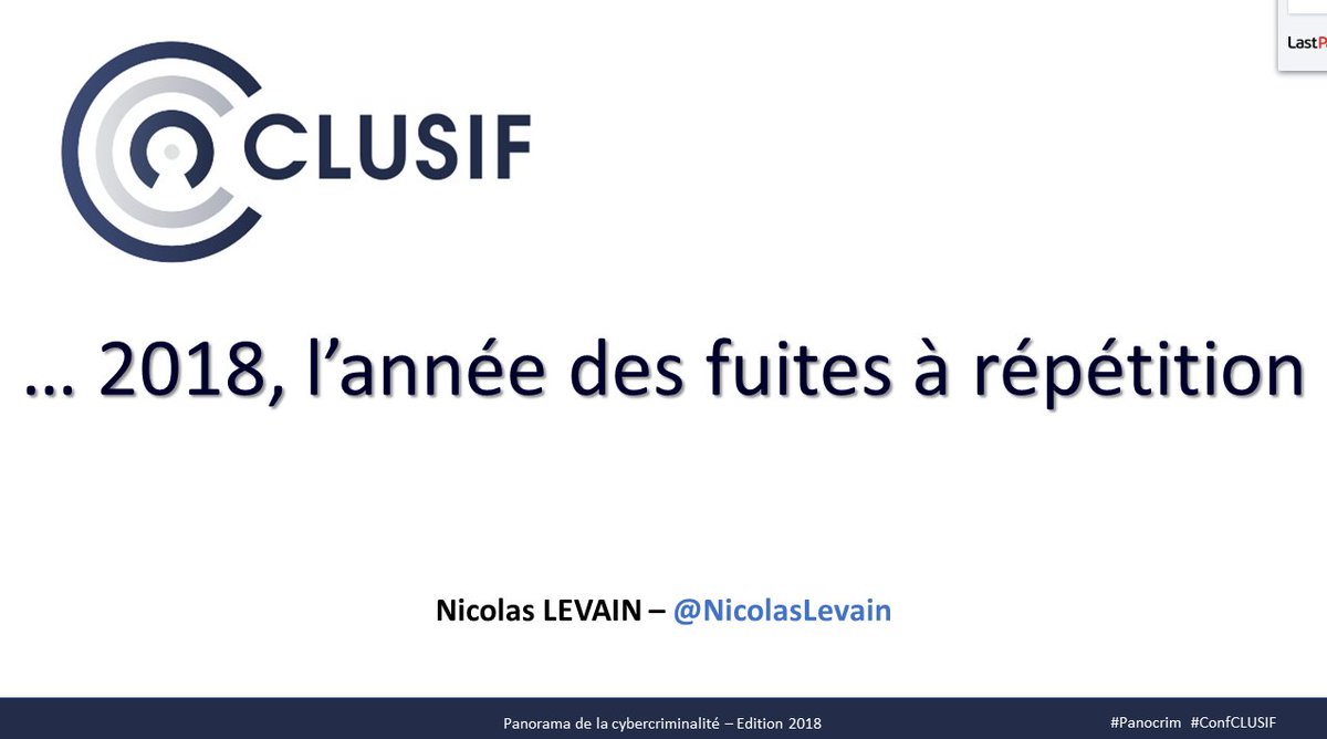 L'ingéniosité des #cybercriminels a causé de nombreuses #FuitesDeDonnées en 2018 👉 État des lieux et conséquences en matière d'#authentification, de #FraudesBancaires et de perte de #ViePrivée avec <a href="/NicolasLevain/">Nicolas Levain</a>  #Panocrim #ConfCLUSIF