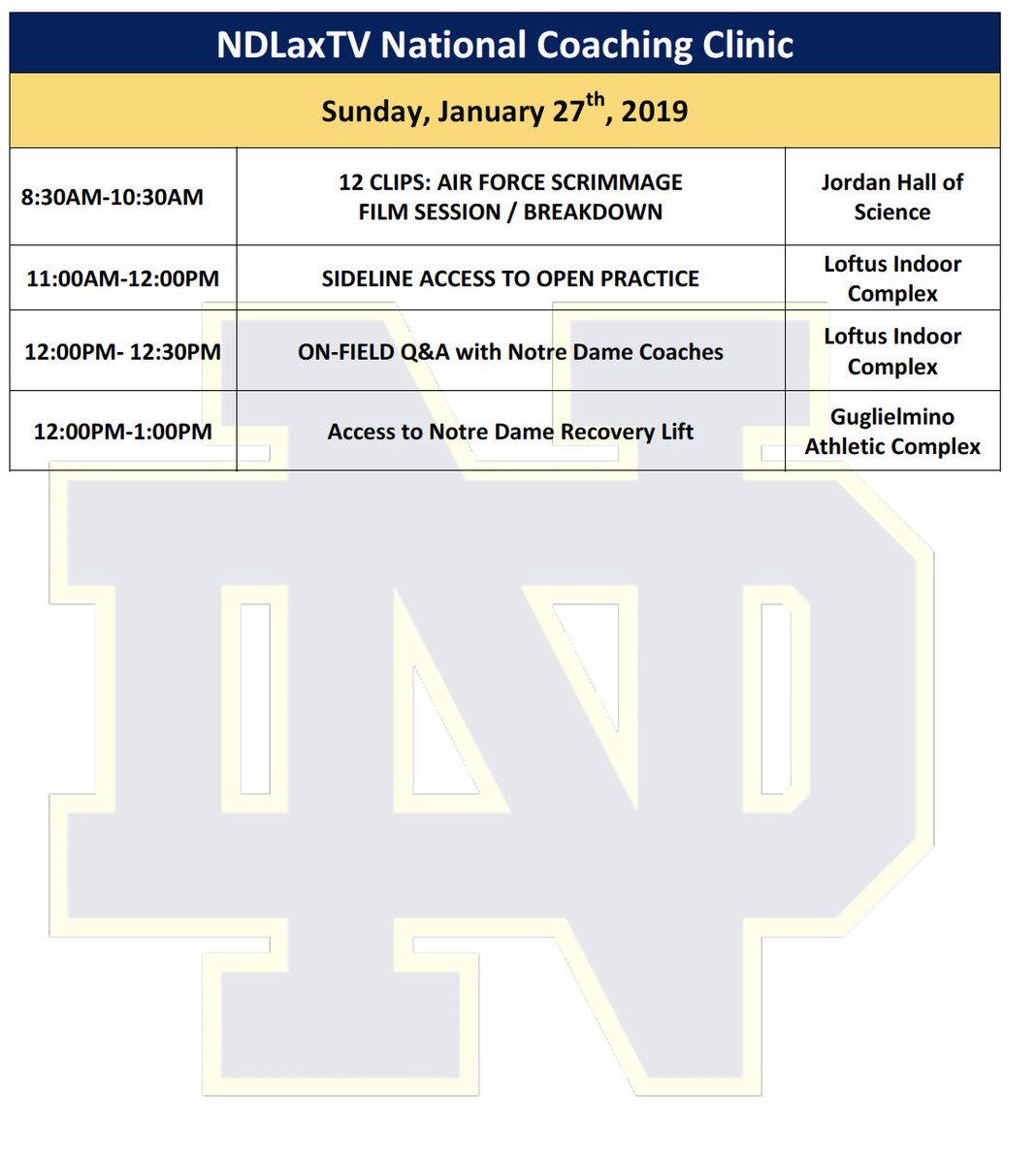 NDLaxTips's tweet photo. Rough draft for the NDLaxTV National Coaching Clinic below. The titles of the presentations will be shared in next 48 hours.

Networking Social, 5 Rooms covering every position, multiple film Sessions, Vendor Village, game w/ Air Force &amp; more.

Info at https://t.co/91T0yEPytc https://t.co/xNKskVZoDP