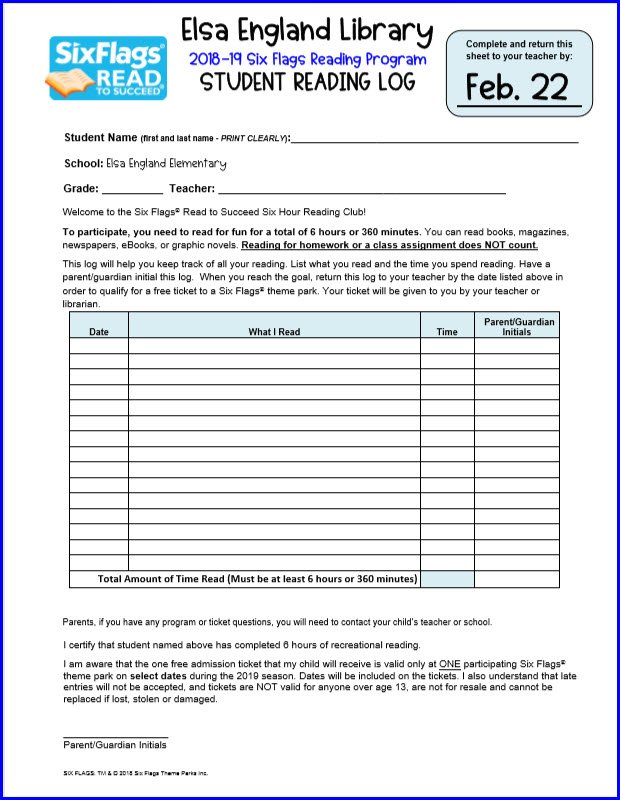 Six Flags Read to Succeed Program kicked off this week in the @ElsaEngRRISD Library; forms are coming home in Thursday Folders! Print a new form or learn more about it here: tinyurl.com/EESixFlags2019 Deadline: FEBRUARY 22! #LibrariesRRock <a href="/ElsaEngPTA/">Elsa England ES PTA</a> @JanaStowe <a href="/LibrariesRRock/">RRISD Lib Services</a>