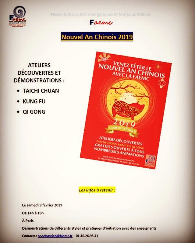 Bonne Année ! #Evenementgratuit Venez fêter le Nouvel An Chinois et le 🐷 de 🌏 le samedi 9 février, ateliers de #taichi #kungfu et #QiGong GRATUITS ! Nouvelle Année Nouvelles découvertes ! Alors, allez-vous sauter le pas ? Plus d'infos en MP ou sur sc-sebastien@faemc.fr #faemc