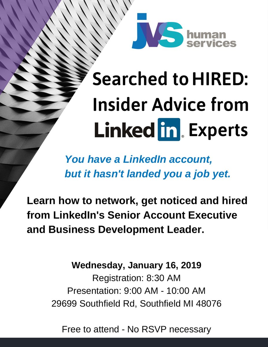 **Special Event** #JobSeekers, Join us next Wednesday, 1/16 for #InsiderAdvice from a #LinkedIn employee!  #9am in #Southfield. #Free #LandYourDreamJob #ProfessionalDevelopment #CareerAdvice