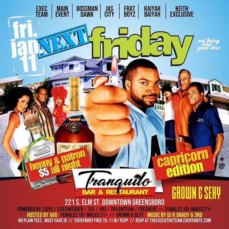704eskimos's tweet photo. Fellas 21+ Ladies 18+ $5 henny and patron all night #NCAT #UNCG TRANQUILO is the move each and every Friday https://t.co/wfLazDXhGY