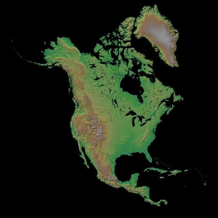 MapScaping's tweet photo. Hill-shaded relief #map  of North America.  Source: https://t.co/e0YaNobfHZ

 #Mexico #Canada #greenland #cuba #elevationmap   #cartography  #geo #GIS https://t.co/1WJjEKHzLg