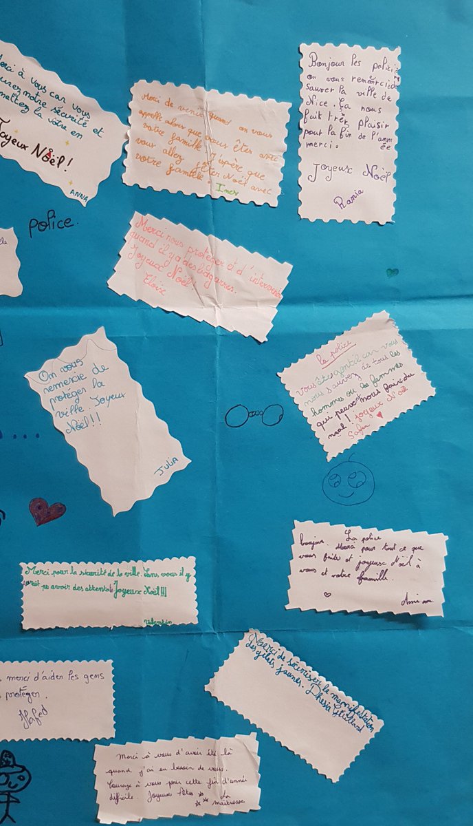 PoliceNat06's tweet photo. [#MERCI] Jean-Luc, Lindsay et l'ensemble des #Policiers de @PoliceNat06   remercient l'enseignante et les élèves de la classe CM1/CM2 école  primaire Sainte Hélène de #Nice06 pour leurs messages qui les ont beaucoup touchés. #IlsSontPoliciers https://t.co/DnYp01GiJe