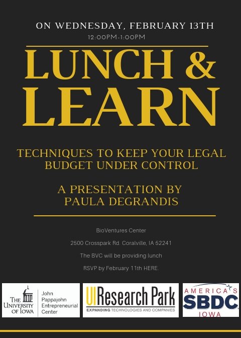 Join the UI Research Park for our first Lunch and Learn of 2019. On Wednesday, February 13th from 12PM-1PM Paula Degrandis will be talking about "techniques to keep legal budgets under control."

RSVP: …pfebruarylunchandlearn.eventbrite.com