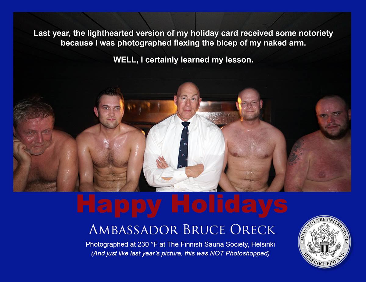 FinlandinUSA's tweet photo. 8/100 #SaunaDiplomacy is good #diplomacy: U.S. Ambassador to #Finland (2009-15) #BruceOreck was known as a tax attorney, real estate developer, bodybuilder, and for his creative holiday cards. #Finnish press noticed his 2013 greeting: https://t.co/19WqQUh6mN #FINUS100 #USFIN100 https://t.co/aBAv83qd4C