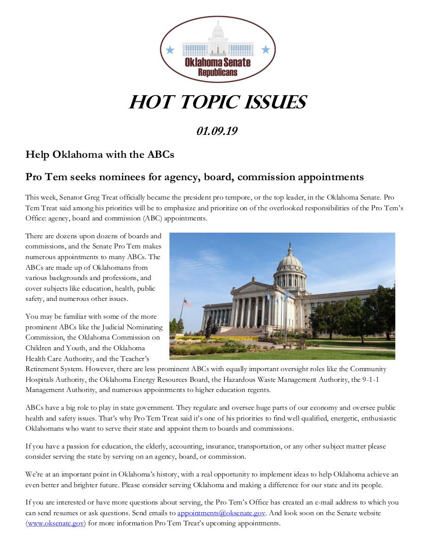 oksenategop's tweet photo. Looking for a way to serve our state? Do you have a passion for education, insurance, transportation, or any other subject? Check out our latest #HotTopicIssue to learn how YOU can help advance Oklahoma! #OKSenateGOP #OklaEd #OKLeg
Article: https://t.co/nT588Kj2ln
@Sen_GregTreat https://t.co/3gGdxrbqhM