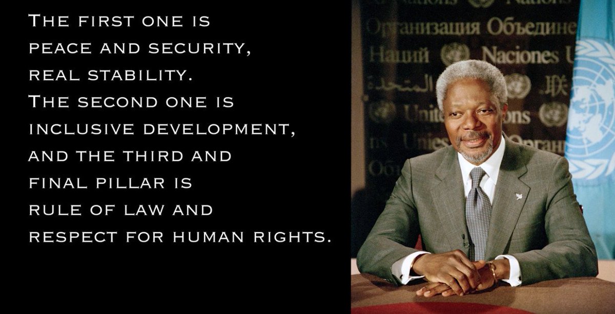 UNGeneva's tweet photo. "You cannot be safe or prosper at the expense of others. We need to think of the dignity &amp; the interest of others, and this is something that the UN has given me" - Kofi Annan interviewed @UNGeneva, Sept 2015. Mr. Annan passed away on 18 August 2018. #YearInReview #InHisOwnWords https://t.co/7tmKyhAA5v
