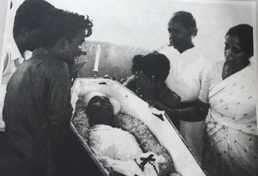 By the side of father who just left him and family. On Feb 3, 1965. He has later said that Rs. 800 had to be paid to that clinic at Madras to get the dead body. He was helpless. And that it was Bhaskaran master who helped him that day.
