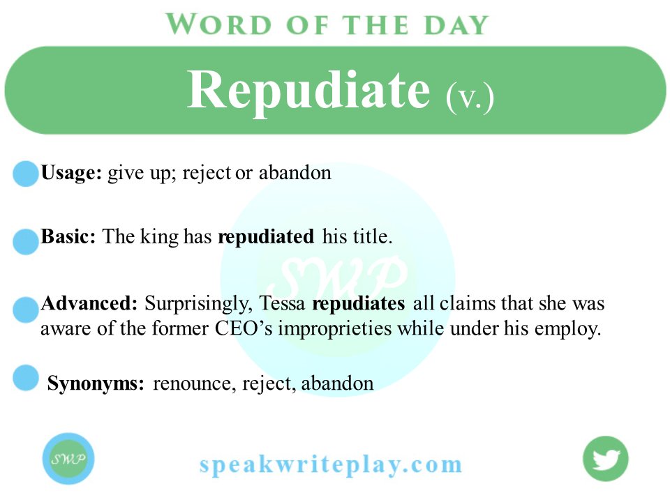 SpeakWritePlay's tweet image. Geoff will #repudiate his position, if the company provides him with a hefty severance package. 

#English #learnEnglish #vocabulary #TOEFL #IELTS #ingles #영어 #ingilizce #SWPinEnglish #Anh #английский #Englishteacher #writing #speakEnglish #ESL #teachEnglish #อังกฤษ #अंग्रेजी