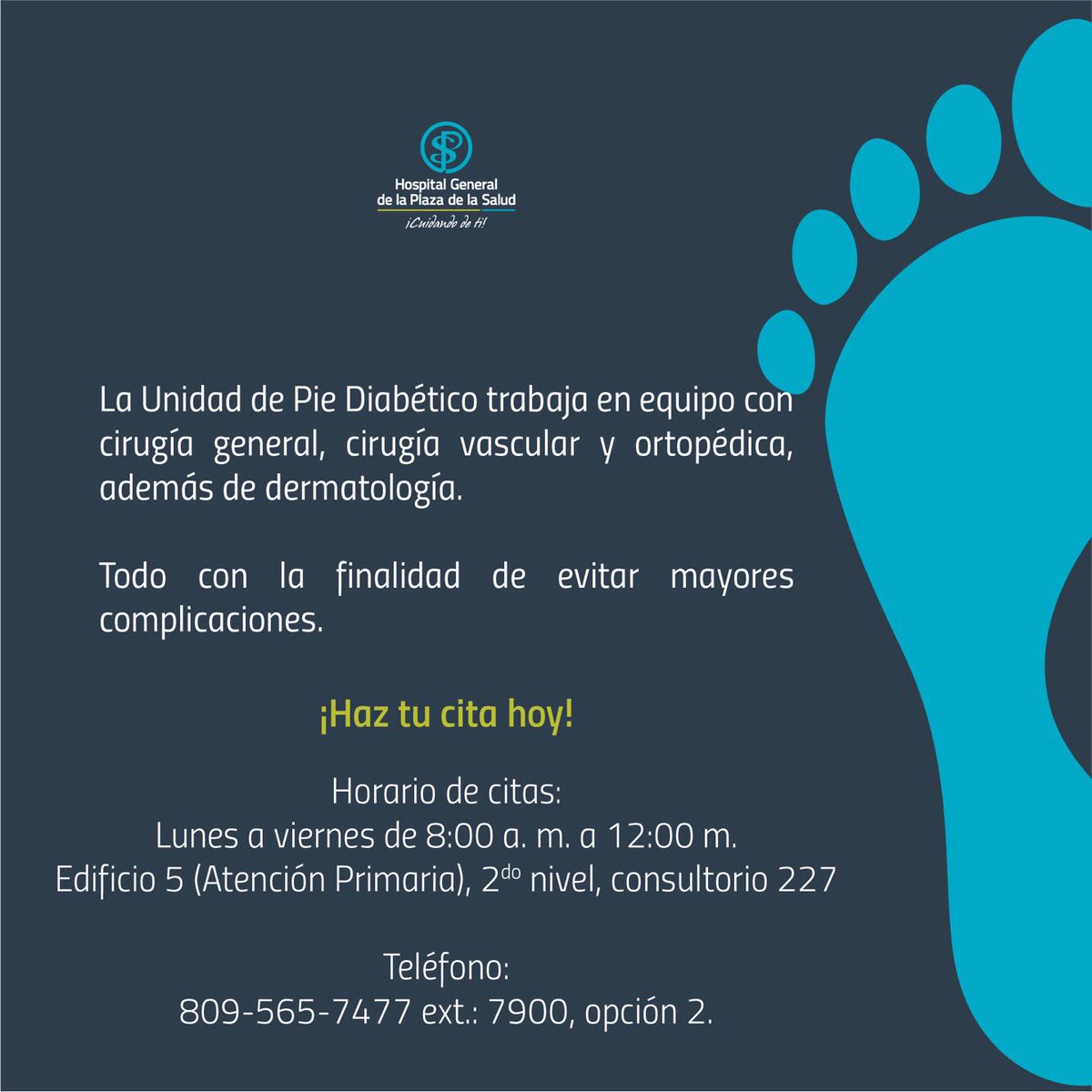 PlazadelaSalud's tweet photo. Nuestra Unidad de Pie Diabético se complace en atender todos los pies de la familia, haciendo especial énfasis en los pies de las personas con diabetes. ¡Haz tu cita! https://t.co/SwM6eHQDEU
