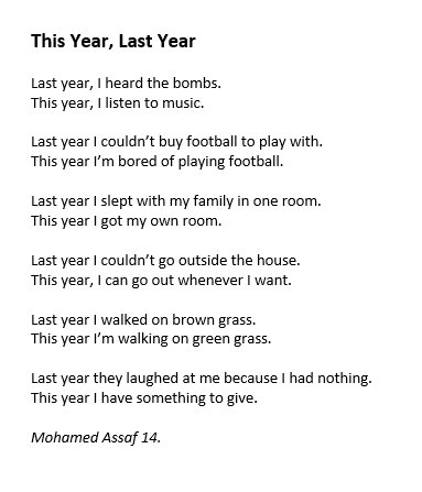 KateClanchy1's tweet image. I know everything is terrible. But look, Mohamed is happier. He is writing about his life in a refugee camp and his life here, and here is better, now. He is 13 and from Syria.