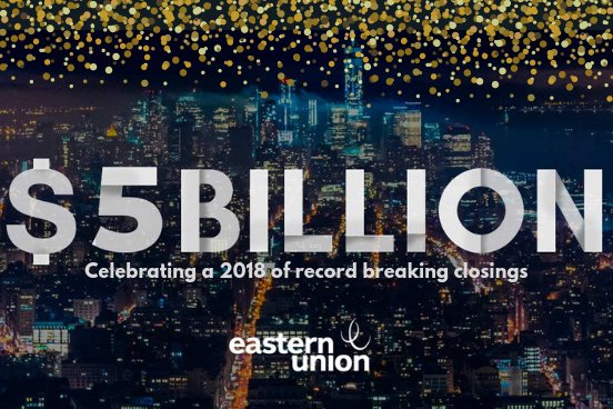 EasternUnion's tweet photo. Proud to announce that we reached our record-setting $5 billion in closed deals in 2018! And we surpassed our 2017 volume of $4 billion by 25 percent. 
 #easternstrong Press release: https://t.co/nQHvnJ4s4u https://t.co/InMw7RtinK